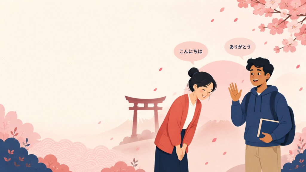 Beginner Japanese phrases and greetings illustration - Nihon Path language course