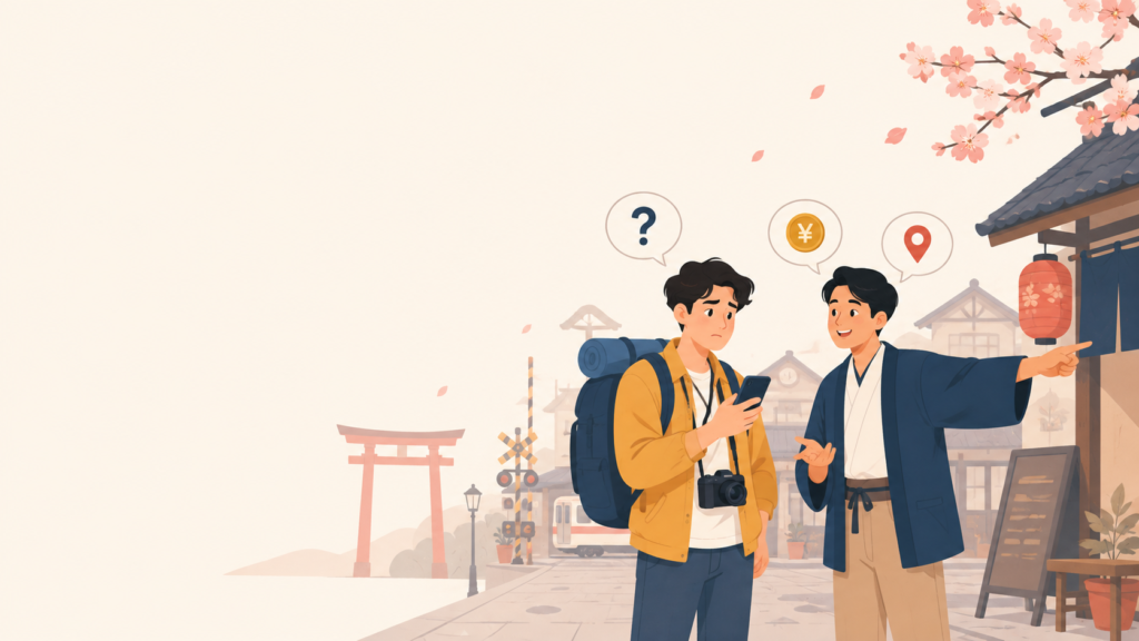 Traveler asking for directions using basic survival Japanese phrases