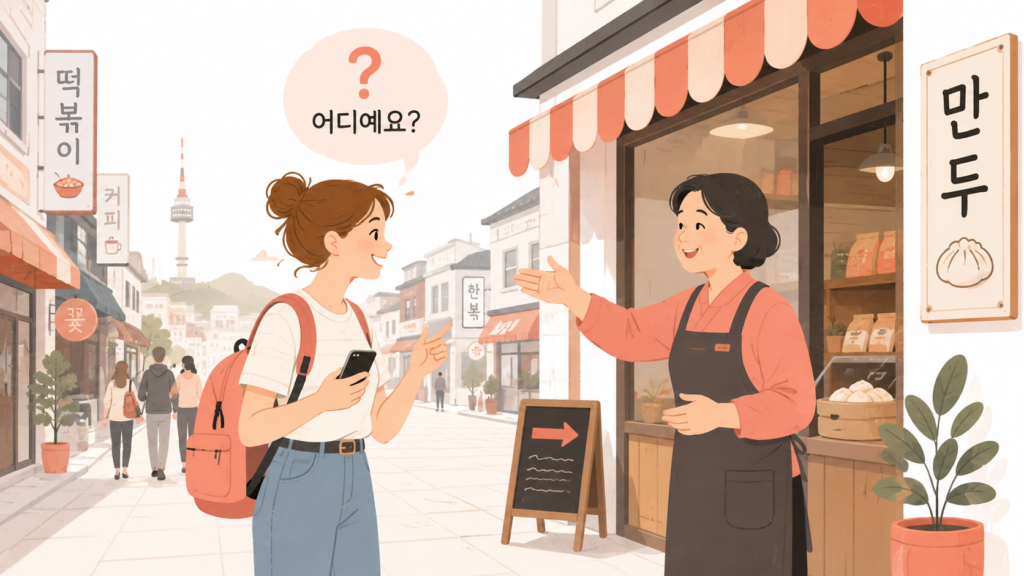 Traveler asking for directions using basic survival Korean phrases"